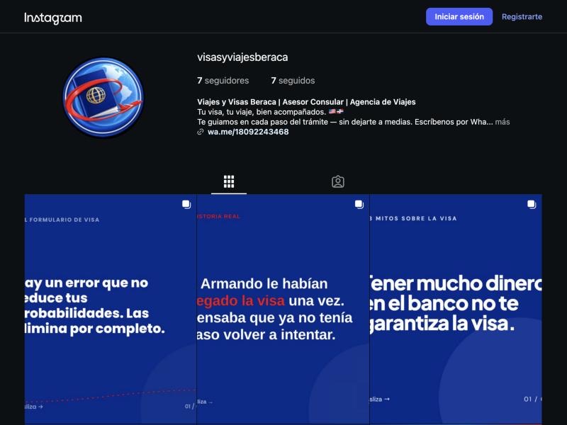 Perfil de Instagram de Visas y Viajes Beraca